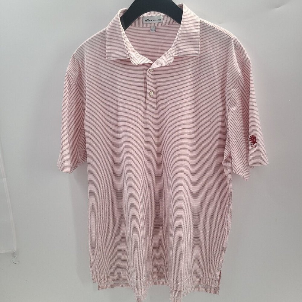 Peter Millar 100% Cotton Polo White Pink Striped Short Sleeve‎ Mens Shirt L